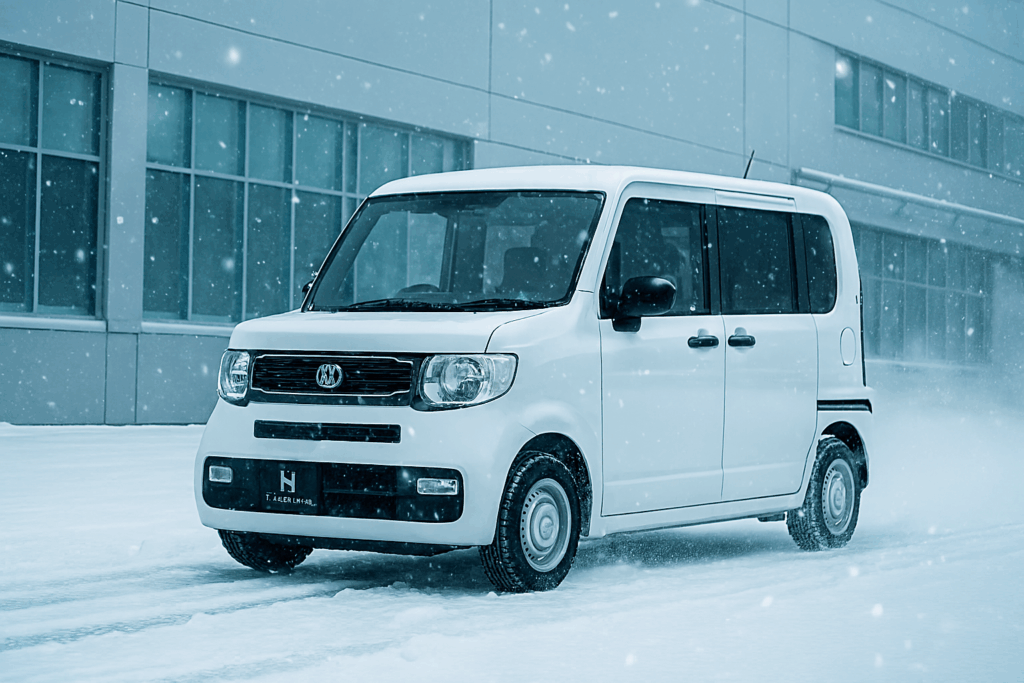 雪の中、工場に向かうN-BOX